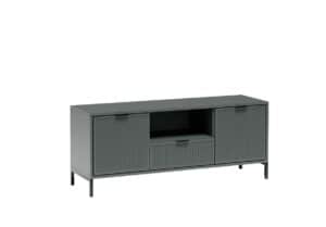 קונסולה אפורה מודרנית עם דלתות ופתחים בעיצוב אירופאי.