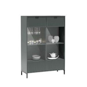 כספת זכוכית אפורה עם מדפים לאחסון כלים ופריטים לבית, עיצוב מודרני.