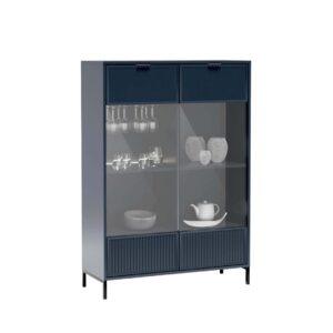 קירור זכוכית עם מדפים וארונות אחסון, עיצוב מודרני בצבע כחול כהה.