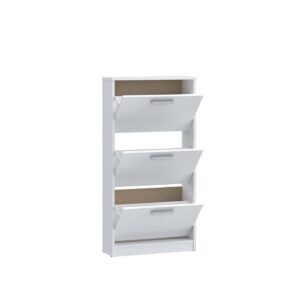 ארון נעליים 3 תאים בצבע לבן עם מדפים מעץ במראה מודרני.