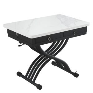 שולחן קפה מעוצב עם משטח שיש לבן, רגלי מתכת שחורות, עיצוב מודרני, רהיט לבית, סלון.