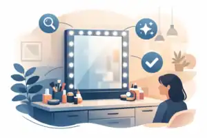 מראה איפור עם תאורה מובנית על שידת איפור, סביבה עם מוצרי איפור וצמח, בחדר מעוצב באווירה נעימה.
