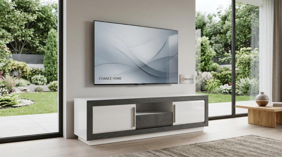 שידת טלוויזיה גדולה מדגם Canne – עיצוב אירופאי בלבן מבריק ובטון אפור