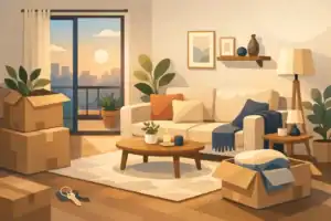 סלון מודרני עם ספה לבנה, כריות צבעוניות, שולחן קפה מעץ, מנורה עומדת, וקופסאות אריזה בסביבת מעבר דירה.