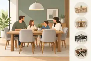 משפחה יושבת סביב שולחן אוכל עץ בחדר מעוצב באור טבעי, עם קירות ירוקים ופריטי דקורציה מודרניים.