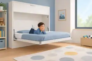 ילד שוכב על מיטת קיר מתרוממת בחדר ילדים בהיר ומואר עם חלון גדול ונוף של עצים.