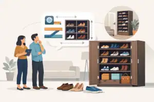 זוג בוחן ארון נעליים עם מדפים ומידות, תהליך תכנון והזמנה של ארון נעליים לבית.