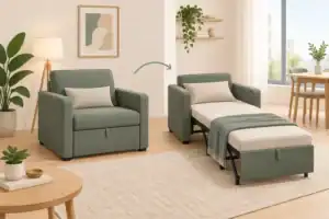ספה עם תפקידים כפולים: ישיבה ושינה, בחדר מואר באור טבעי, עם קירות לבנים, עציצים ועיצוב מודרני.