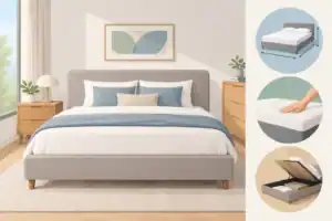 חדר שינה מודרני עם מיטה אפורה, מצעים לבנים וכריות כחולות, לצד שידות עם מנורות ופרחים, קיר עם יצירת אמנות מופשטת.