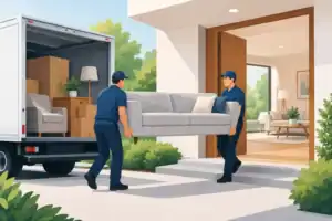 שני מובילים מעבירים ספה לבית חדש, עם משאית פתוחה ומלאה בארגזים ורהיטים, בסביבה ירוקה ובבית מודרני.
