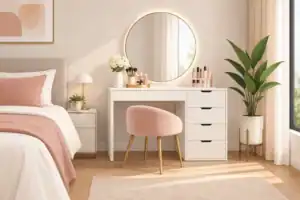 חדר שינה מואר ומסודר עם שידה לכתרום, מראה מעגלית על המסדרון, כסא ורוד ליד שולחן איפור לבן ומדפים עם מוצרי טיפוח, צמחייה ירוקה גדולה בפינה.